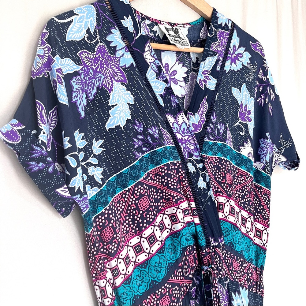 Jaase Boho Batik Style Print Tiered Maxi Dress in Navy and Lavender - Size S - Picture 12 of 12